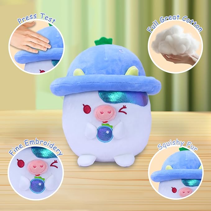 8" Mushroom Blueberry Cow Stuffed Animals - Cute Plushies & Soft Plush Toys, Stuffed Cow Plush for Girls