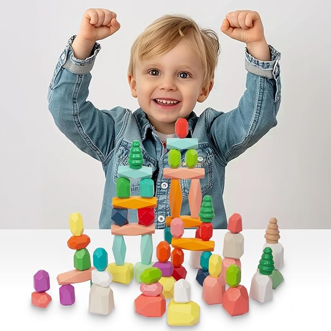 48 PCS Wooden Sorting Stacking Rocks Stones,Sensory Toddler Toys Learning Montessori STEM Toys 3-6 Years