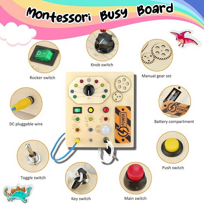 JAMIEWIN Montessori Busy Board with LED Light Switch for Toddlers 1-3, Wooden Sensory Board Travel Toys for Toddlers Baby 1 +