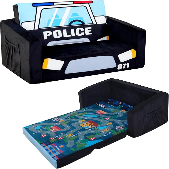 MallBest Kids Sofas, Extra Wide Toddler Couch Bed - 2 in 1 Baby Convertible Foam Chair to Lounger,Toddler Couch for Boys and Girls,Black/Police Car
