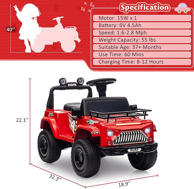 Hetoy 6V Ride On Car for Toddlers - Battery Powered Electric Car for Kids with Music, LED Light 4 Wheels 3-6 Years,