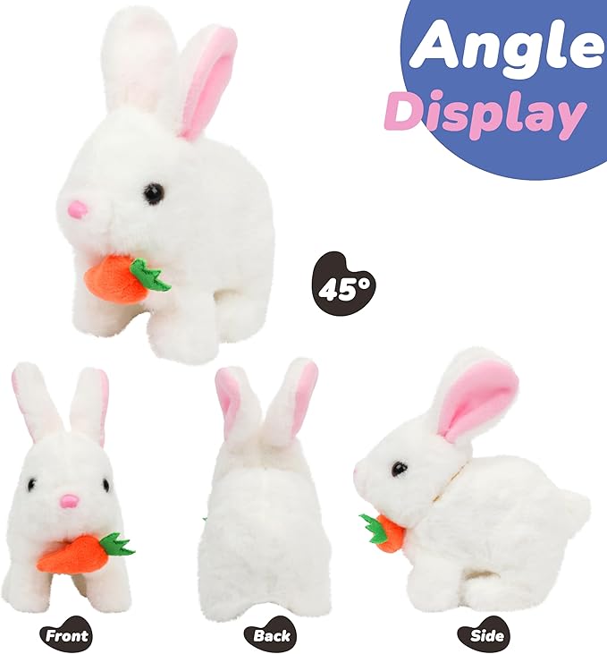 Hopearl Hopping Rabbit with Carrot Interactive Electronic Pet Plush Bunny Toy with Sounds and Movements Animated Walking Wiggle Ears Twitch Nose Gifts for Toddlers Birthday, White 7''