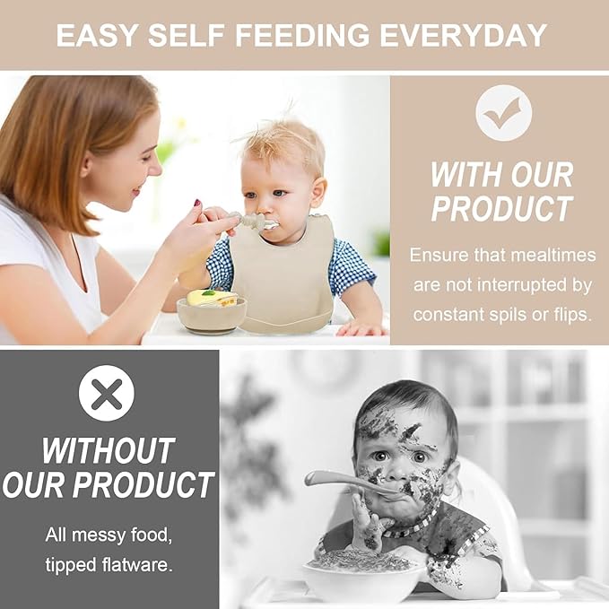 Baby Feeding Tableware Set Silicone Tray and Bowl with Suction Cup Baby Weaning Supplies Adjustable Waterproof Bib Learning Cup and 2 Spoons 2 Forks 8-Piece Set(Apricot)