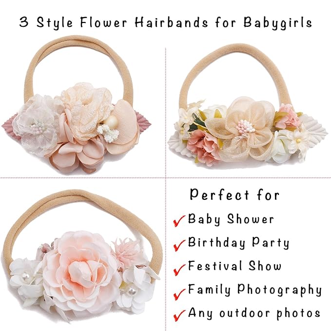 Delicate Floral Headbands Set for Girls - 3pcs Elastic Nylon Pearl Hair Bands, Soft & Stretchy Accessories for Infants