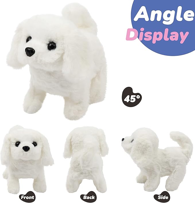 Hopearl Walking Dog Bichon Interactive Electronic Pet Plush Toy Puppy Woof and Moving Animated Nodding Head Gifts for Toddlers Birthday, White 7''