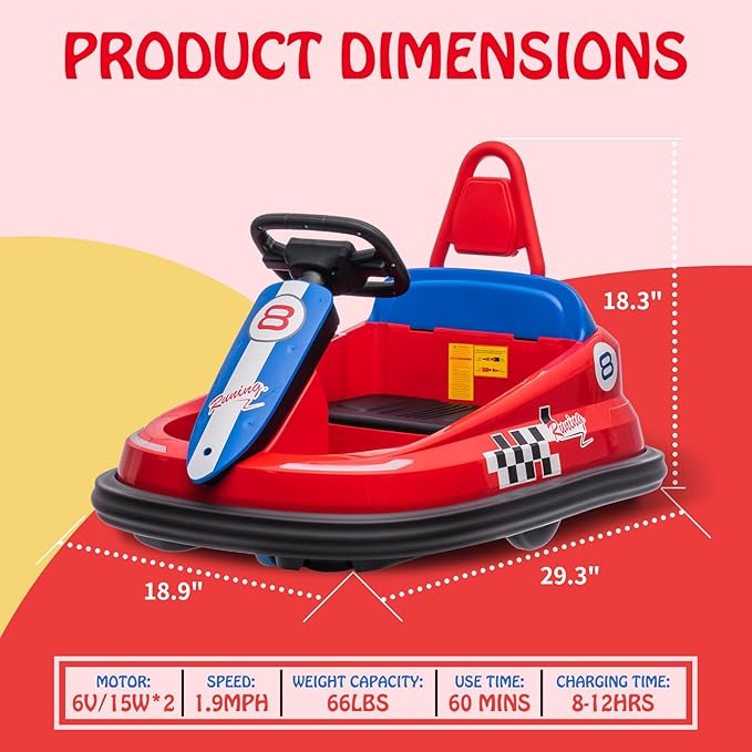 Hetoy Bumper Car for Toddlers, 6V Electric Ride On Toys for Kids 1.9 MPH 360 Degree 2-Speeds, Lights, 2-6 Years,