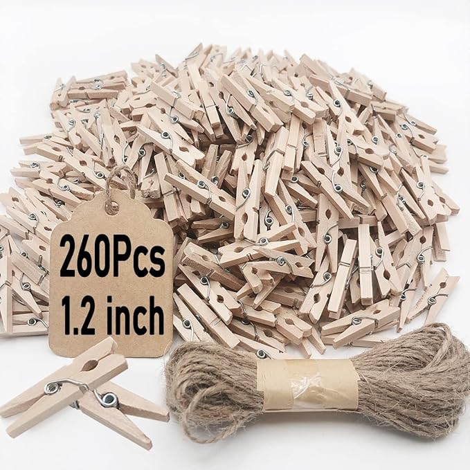Mini Clothes Pins, 260 PCS Small Wooden Clothes Pins with Jute Twine