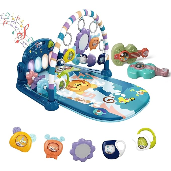 dearlomum Baby Play Mat Baby Gym,Funny Play Piano Tummy Time Baby Activity Mat with 5 Infant Sensory Baby Toys & 2 Guitar Rattles 0 to 3 6 9 12