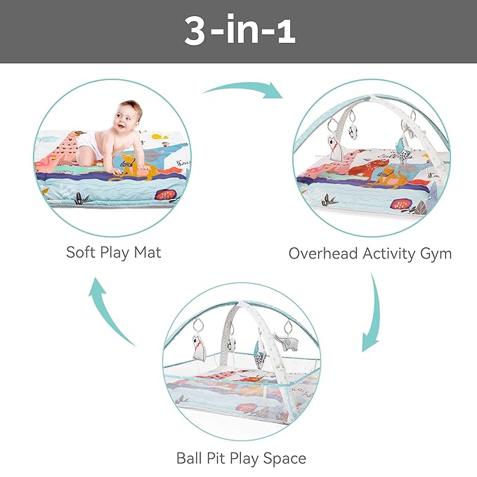 LADIDA Baby Play Gym, Activity Mat with Ball Pit 3 Stage 10 Balls)