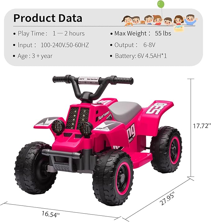 Hetoy 6V Kids Ride On Electric ATV, Ride Car with LED Headlights 1-3 Boys