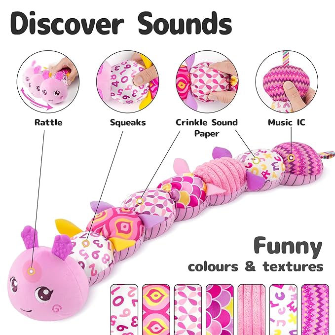 Infant Baby Musical Stuffed Animal Activity Soft Toys with Multi-Sensory Crinkle, Rattle and Textures 0-3-6-12 Months