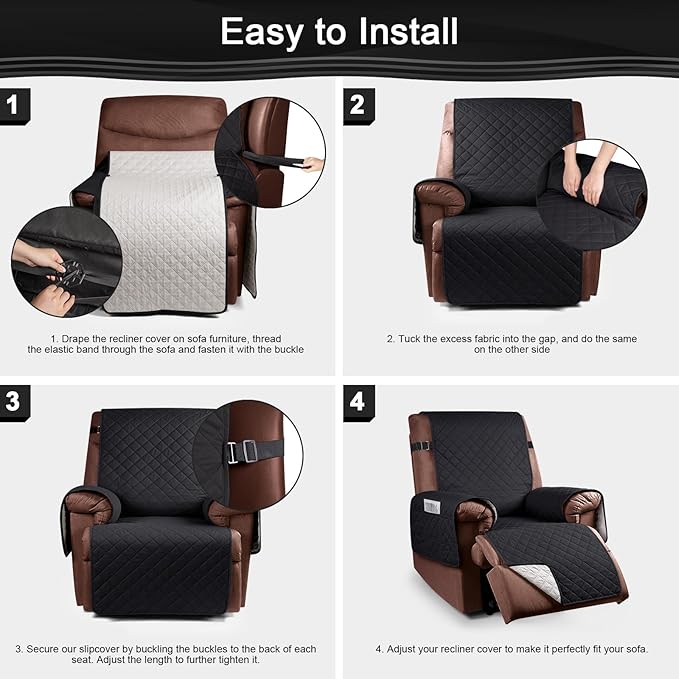 KinCam 100% Waterproof Recliner Chair Cover, Reclining Couch Covers for Pets, Dogs, Recliner Couch Slipcover Furniture Protector with Elastic Straps for Kids(28", Black)