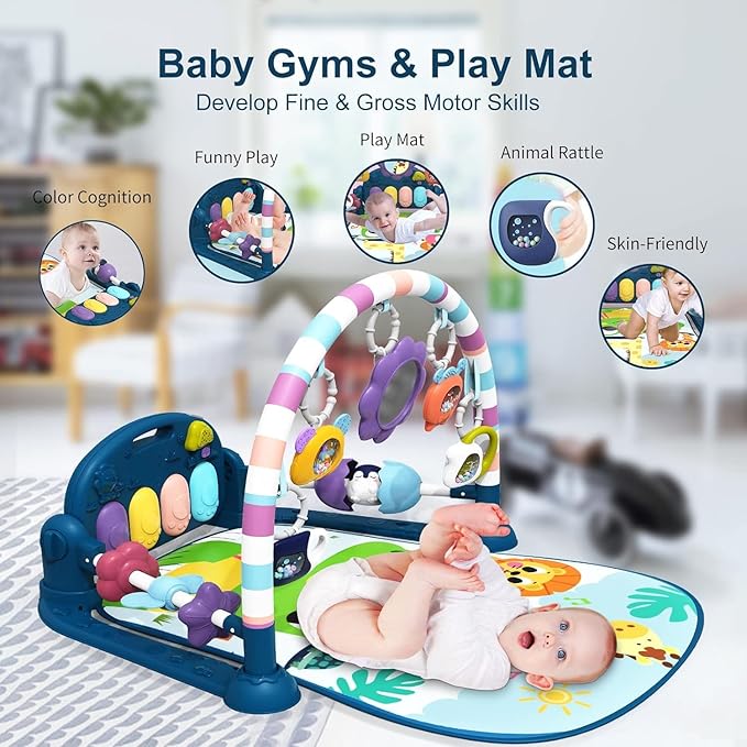 dearlomum Baby Play Mat Baby Gym,Funny Play Piano Tummy Time Baby Activity Gym Mat with 5 Infant Sensory Baby Toys and 2 Baby Soft Rattles 0 to 3 6 9 12