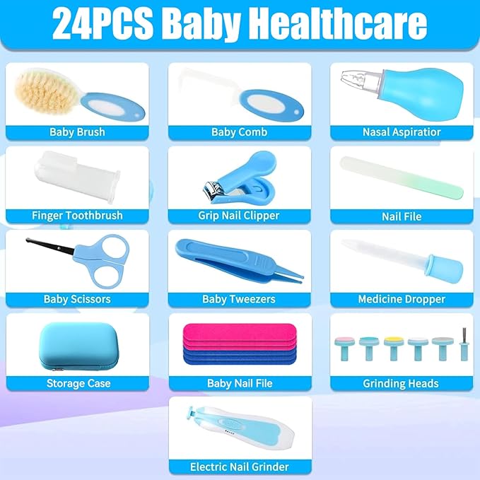 Baby Healthcare and Grooming Kit, Baby Safety Set Newborn Nursery Health Care Set with Hair Brush Scale Measuring Spoon Nail Clippers for Baby Girls Boys (24PCS Blue)