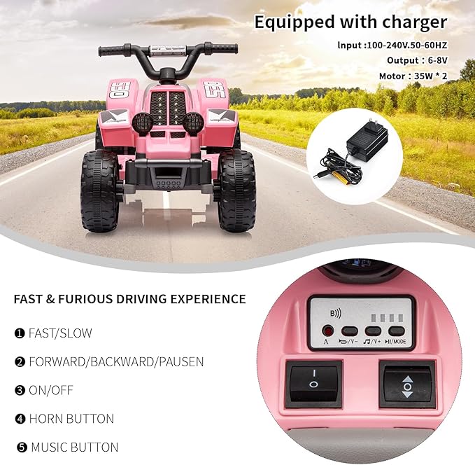 Hetoy 6V Kids Ride On Electric ATV, Ride Car with LED Headlights 1-3 Boys