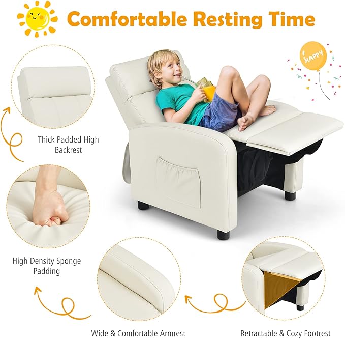 Costzon Kids Recliner, Adjustable PU Leather Lounge Chair w/Side Pockets, Footrest, Headrest for Kids Room & Play Room, Easy to Clean, Padded Recliner Sofa for Children Boys Girls Aged 3-12 (Beige)