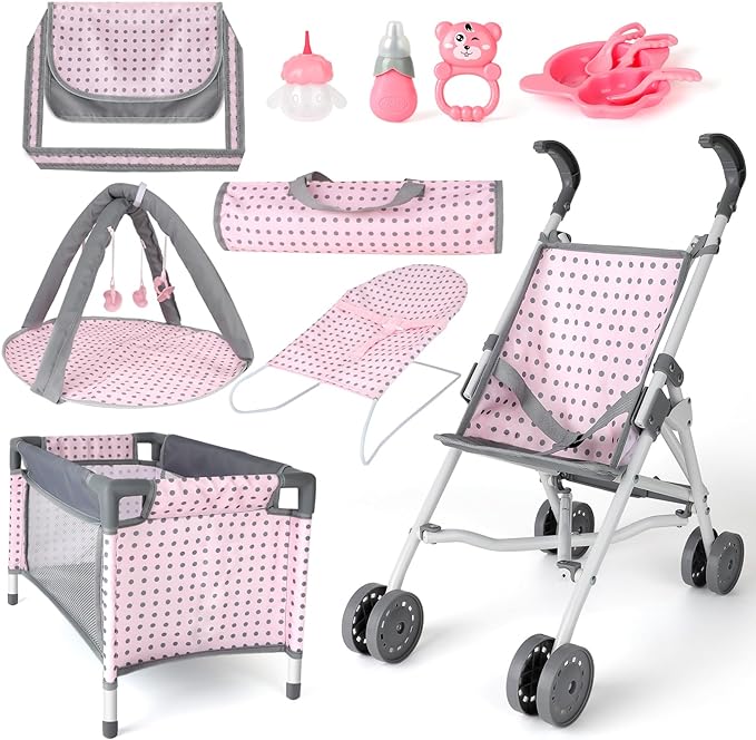 deAO Baby Doll Stroller Crib Bed Nursery Role Play Set Baby Doll with Accessories and Play Mat,Travel Cot