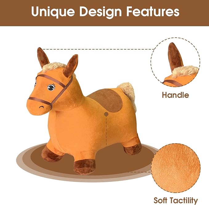 HotMax Brown Hopping Horse Toy, Inflatable Plush Bouncy Horse for Toddlers 18 Months 2 3 4 Year