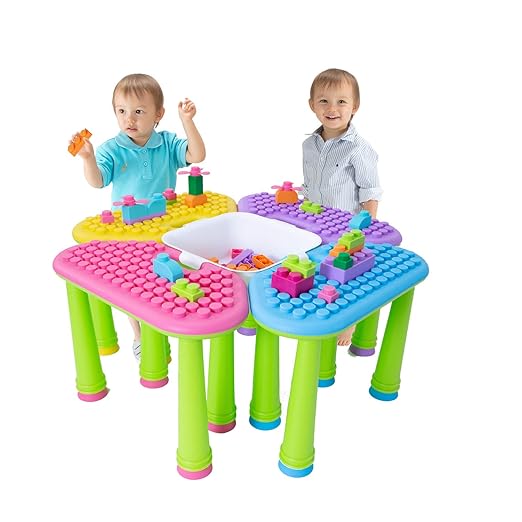 UNiPLAY Indoor/Outdoor Toddler Activity Table Set with 25 Piece Building Blocks, Kids Play Table for Building Blocks Toy