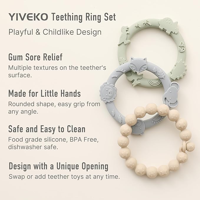 Baby Teether Rings Silicone Teethers for Babies Multi Use Baby 3 Pack-Blush