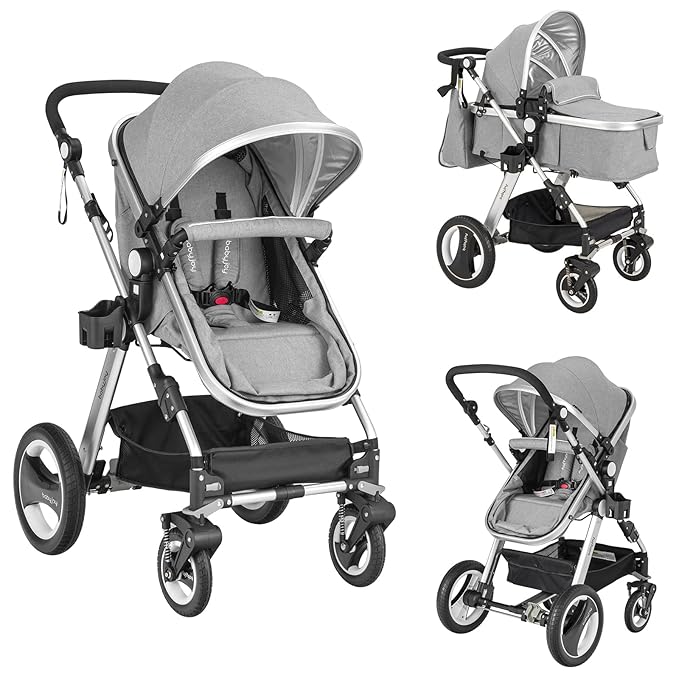 BABY JOY Baby Stroller, 2-in-1 Convertible Bassinet Reclining Stroller, Foldable Pram Carriage with 5-Point Harness, Including Cup Holder, Foot Cover, Diaper Bag, Aluminum Structure, Gray