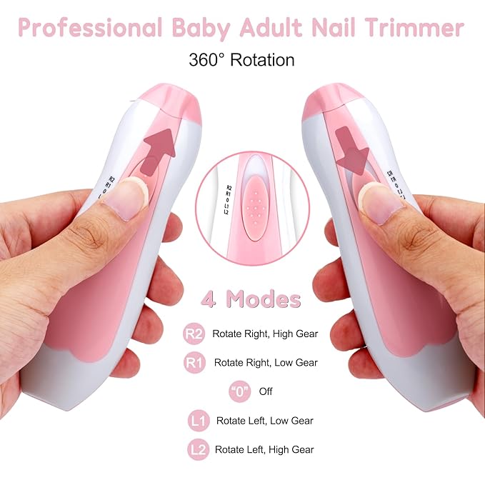 Baby Nail Trimmer File with Light - Safe Electric Nail Clippers Kit for Newborn Infant Toddler Kids Toes and Fingernails - Care, Polish and Trim - Battery Operated (AA), Pink