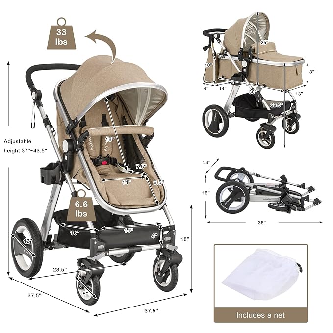 BABY JOY Baby Stroller, 2-in-1 Convertible Bassinet Reclining Stroller, Foldable Pram Carriage with 5-Point Harness, Including Cup Holder, Foot Cover, Diaper Bag, Aluminum Structure, Khaki