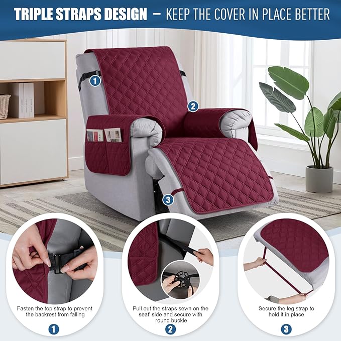 TAOCOCO 100% Waterproof Recliner Covers, Recliner Sofa Covers with Leg Straps, Reversible Recliner Couch Cover for Reclining Chair, Washable Couch Protector for Pets Kids(1 Seater 28", Wine)
