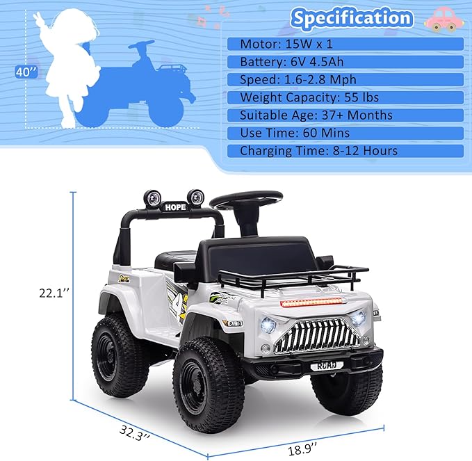 Hetoy 6V Ride On Car for Toddlers - Battery Powered Electric Car for Kids with Music, LED Light 4 Wheels 3-6 Years,