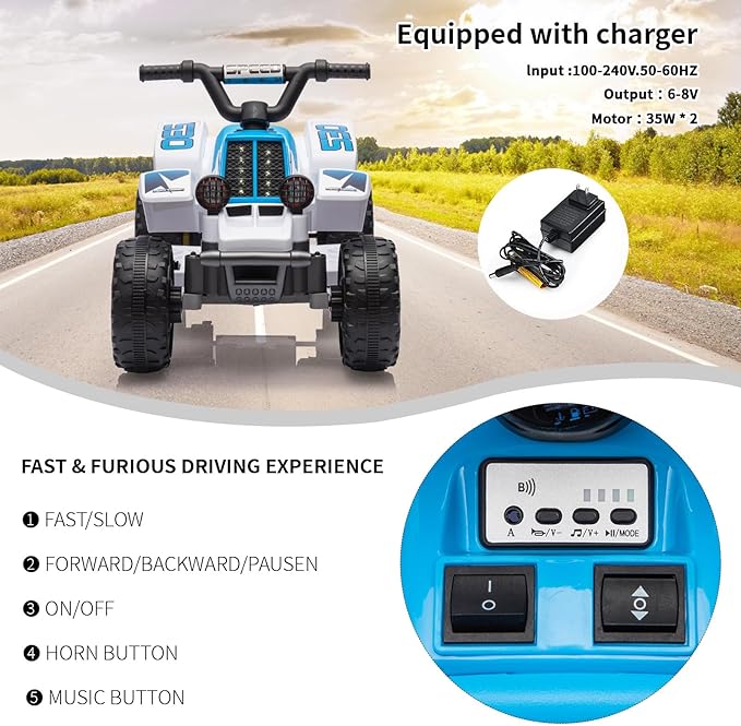 Hetoy 6V Kids Ride On Electric ATV, Ride Car with LED Headlights 1-3 Boys