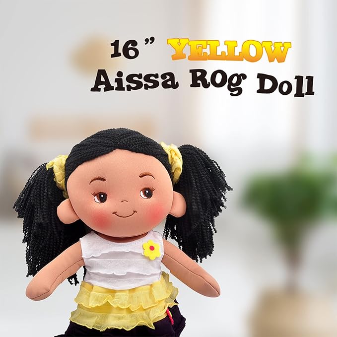 Linzy Plush 16" Yellow Aissa Rag Doll for Girls, Soft Plush Rag Doll