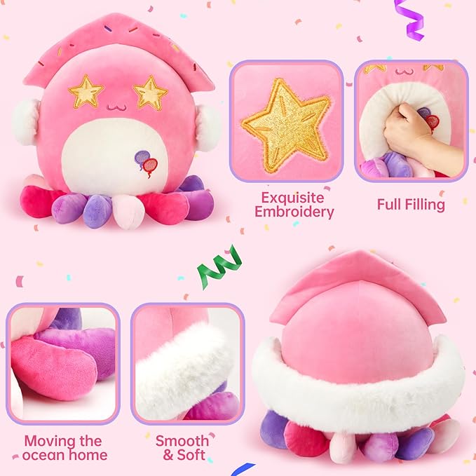 Houwsbaby 12" Pink Party Squid Plush Pillow,Octopus Plushie Ocean Sea Life Stuffed Animal Toys