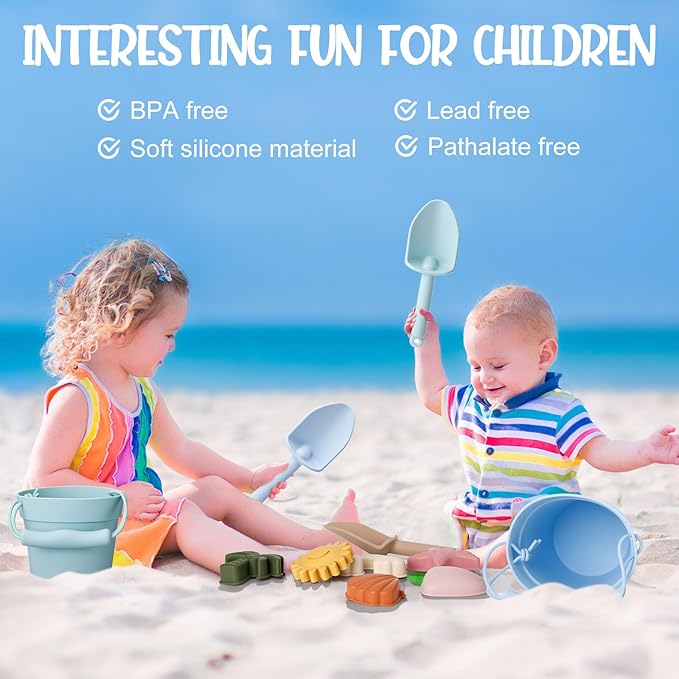 Hungdao 14 Pcs Silicone Beach Toys Travel Beach Set Sand Toys Include 2 Silicone Bucket Pail, 2 Shovel 9 Sand 1 Beach