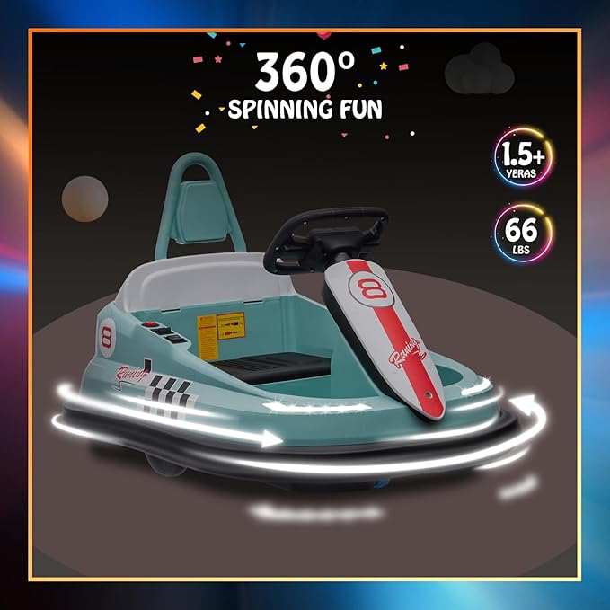 Hetoy Bumper Car for Toddlers, 6V Electric Ride On Toys for Kids 1.9 MPH 360 Degree 2-Speeds, Lights, 2-6 Years