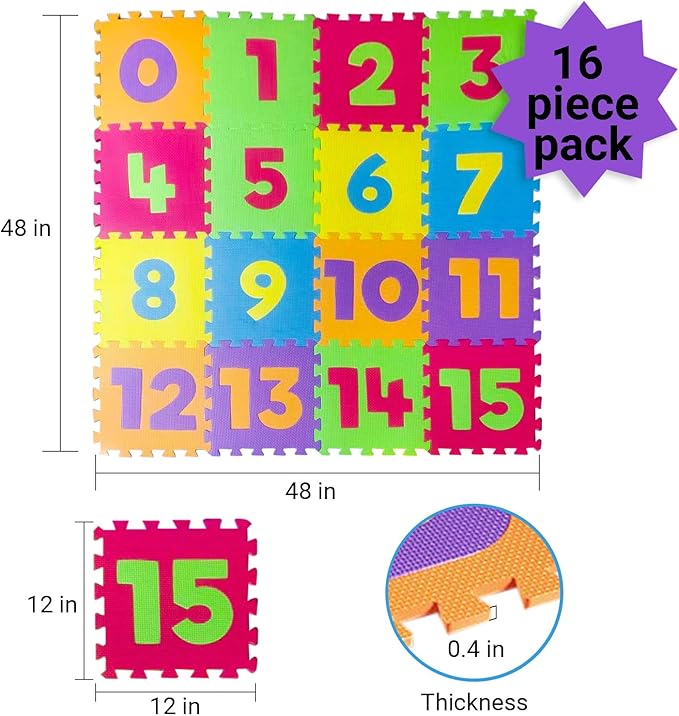 Soft EVA Foam Playmat for Babies, Toddlers Interlocking Extra Thick 0.4'' Padded Floor Mat for Crawling 16 Tiles 48''x48'' Connected