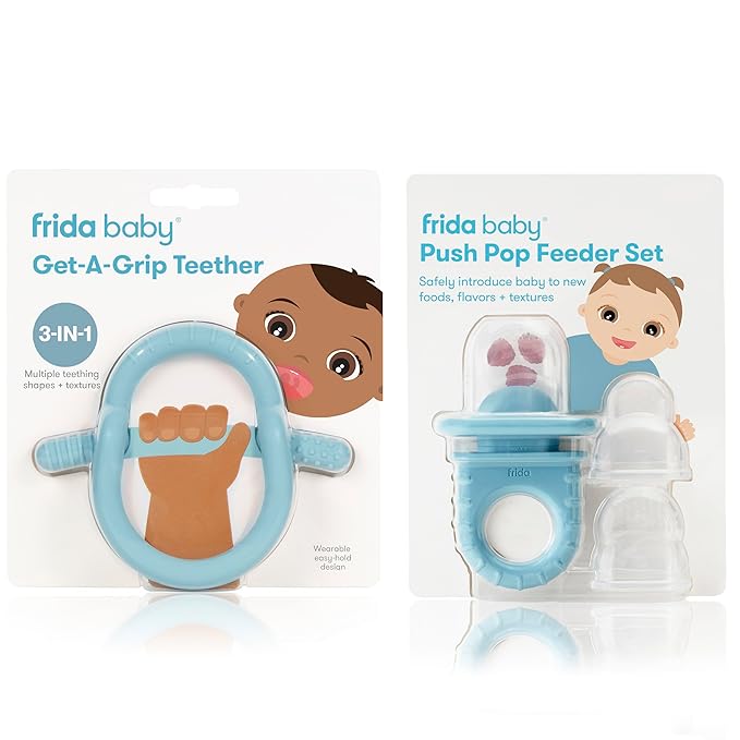 Frida Baby Push Pop Feeder, Baby Fruit Feeder + Get-A-Grip Teether Teething Toy | 100% Food-Grade Silicone Food Pacifier & Teether Toy for Baby 0-6 12, 18