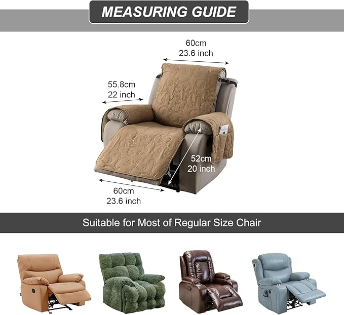 100% Waterproof Recliner Chair Cover, Recliner Chair Covers for Reclining Chair, Non-Slip Fabric Recliner Couch Cover for Living Room, for Pets Kids Protector, Washable (Camel, 23"Recliner Chair)