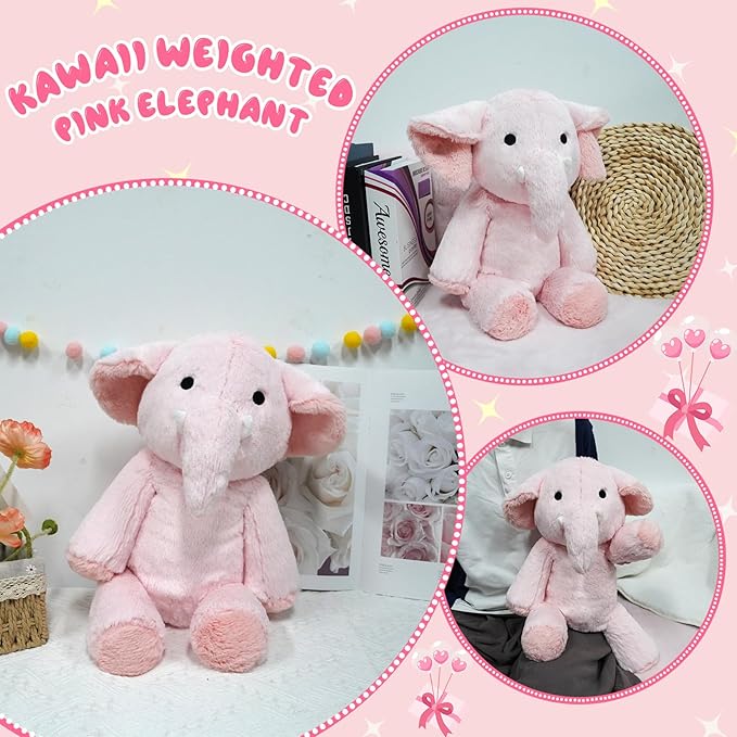 1.3lbs Weighted Elephant Stuffed Animal, 17inch Pink Elephant Weighted Stuffed Animal Soft Pink Stuffed Elephant Plush Hug Pillow for Kids