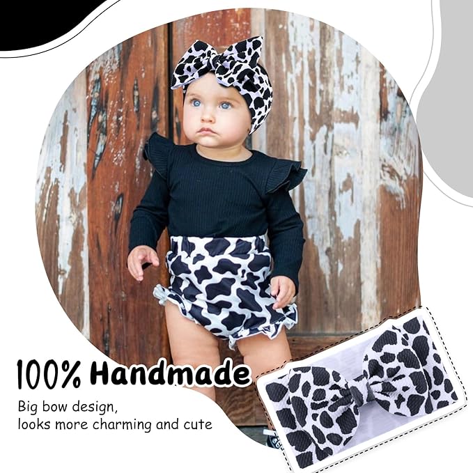 Cow Baby Bows, 3pcs Western Cowgirl Elastic Nylon Headbands for Baby Girls
