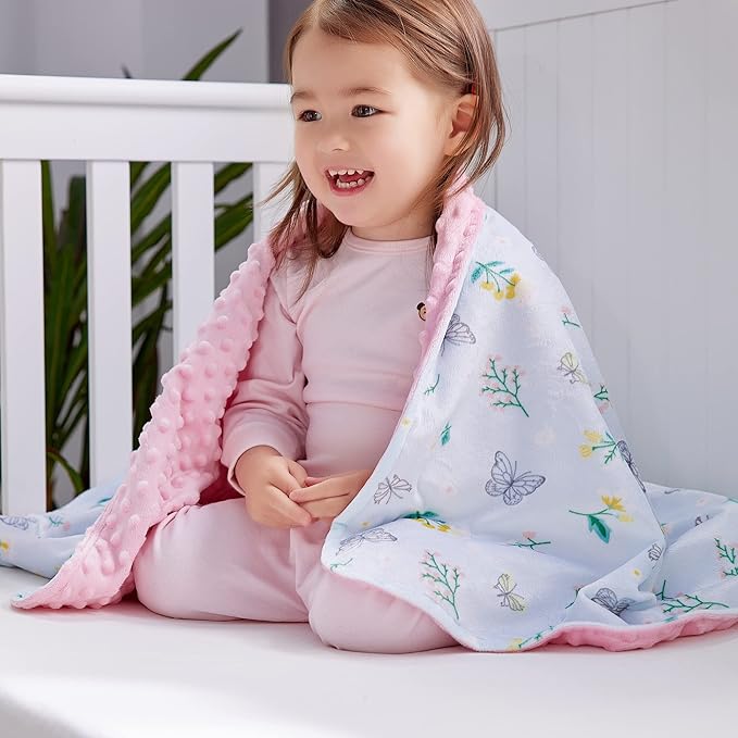 DaysU Silky Micro Soft Plush Baby Blankets for Girls with Print Floral Pattern and Soothing Raised Dots, Double Layer Bed Throws for Baby Crib 30x40 Inches