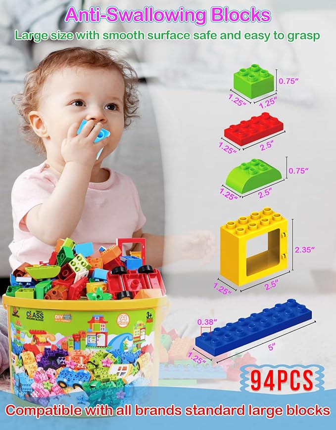 Large Building Blocks Set, 94 Pcs Classic Big Blocks STEM Toy Bricks 3,4,5,6,7,8+