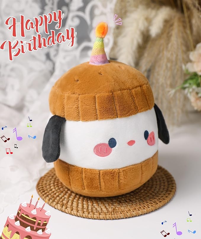 Dog Plush Birthday Stuffed Animal - Birthday Cake Stuffed Doll, Cute Sandwich Dog with Glowing Candle, Party Decorations, Kids' Gifts, 11 Inch