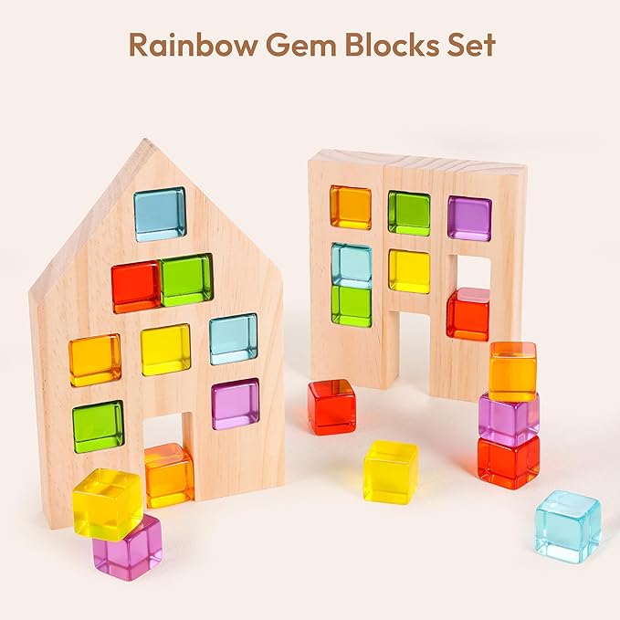 Wooden Building Blocks Set for Kids, 24 PCS Rainbow Gem Cubes Stacking Blocks - 2 Wood House 3-6