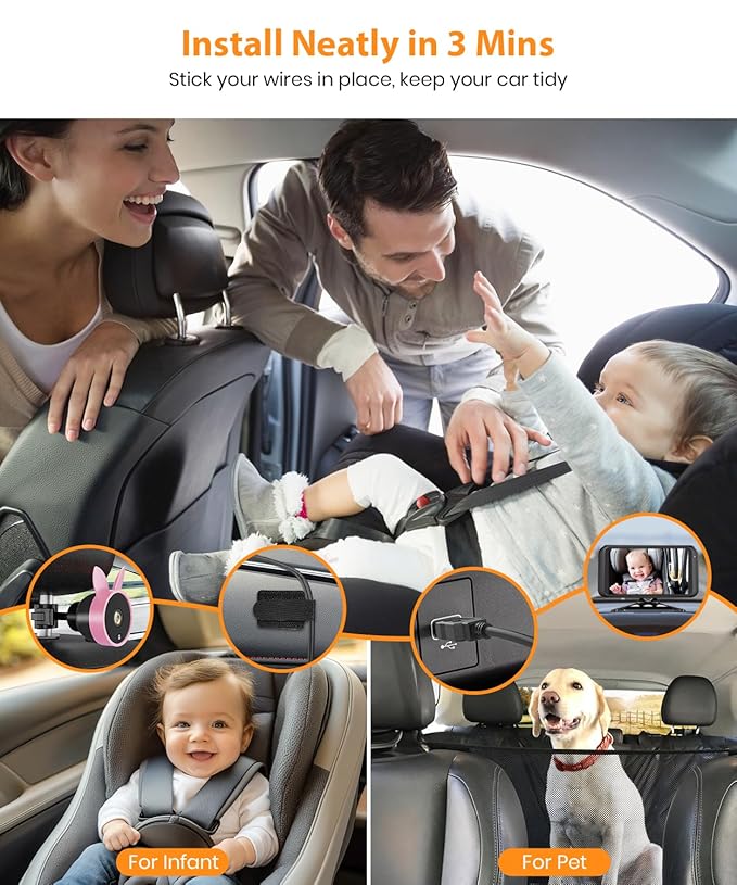 Smart Rotation Car Baby Camemra, 1080P Rear Facing Mirror with Shockproof Design, Real-Time Infant Monitoring System for Family Vehicles