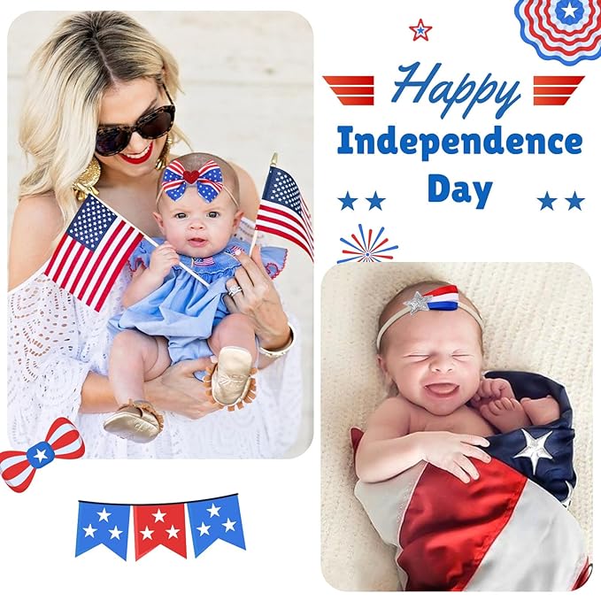 4th of July Baby Girl Bows, 10pcs America Flag Elastic Nylon Baby Headbands