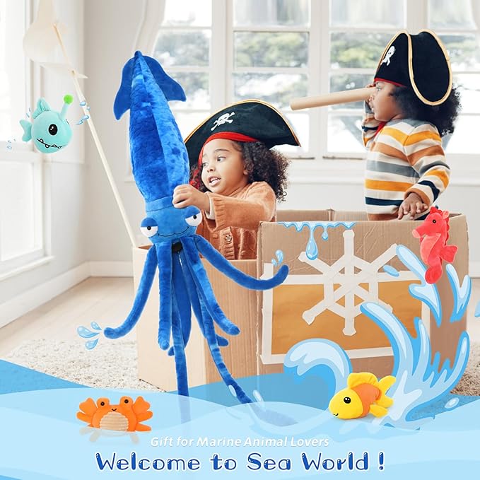 Giant Squid Stuffed Animal Toy 41.3 inches with Four pcs of Marine Animal Plush Dolls Clownfish,Crab