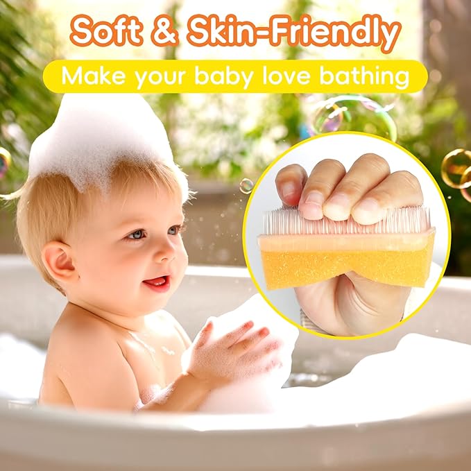 Cradle Cap Brush for Babies, Set of 5 Baby Bath Essentials with Bath Sponge Silicone Scrubber Long Handle Comb for Newborns Toddlers Boys Girls (Orange)