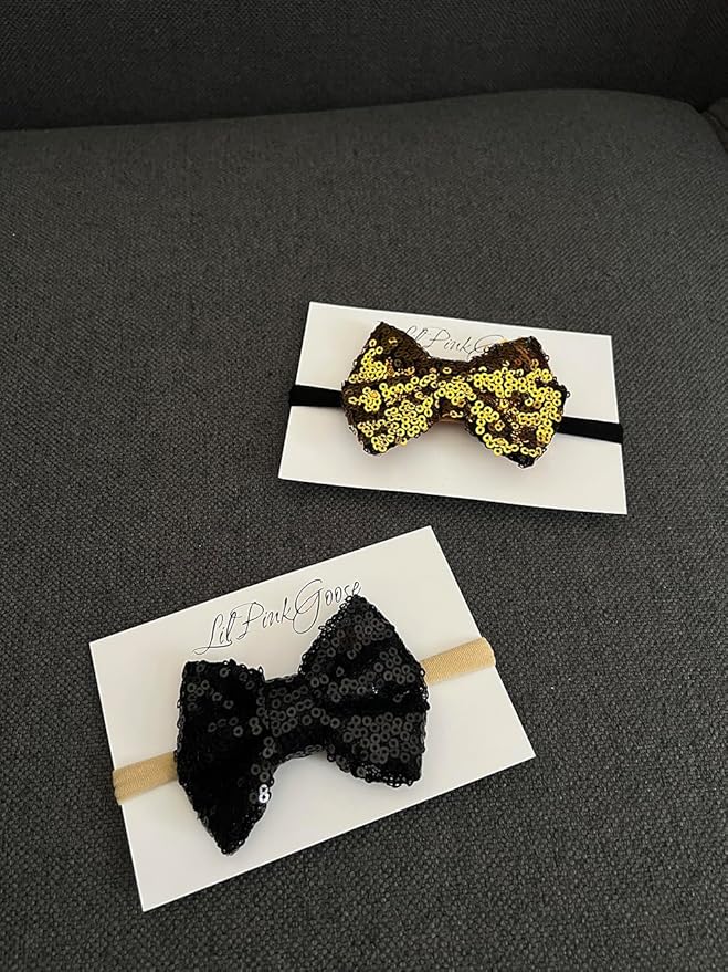 Baby Girls Neon Glitter Sequins Bow Headbands for Newborn to 1 Year Up Toddlers (Black,Black Gold 2 Count 1))