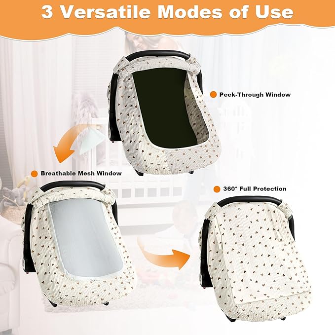 Muslin Cotton Car Seat Cover Baby, Universal Fit Carseat Cover for Baby, Infant Car Seat Cover with Mesh Peep Window, Baby Car Seat Cover for Carrier, Stroller, High Chair, Shopping Cart (Heart)