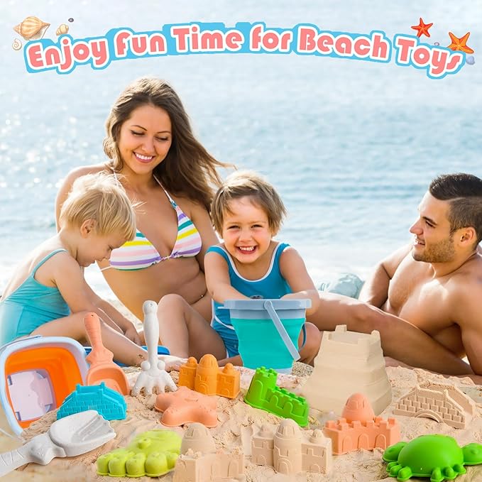 Collapsible Beach Sand Toys for Toddler Sand Toys for Kids 2 Packs Foldable Buckets with Sand Molds,Shovels for Beach 3 4 5 6 7 8+
